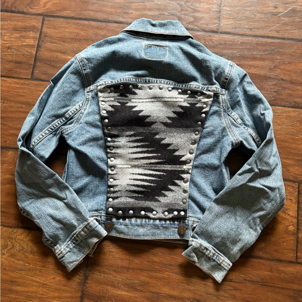 Denim Jacket with Black and Gray Patterned Back